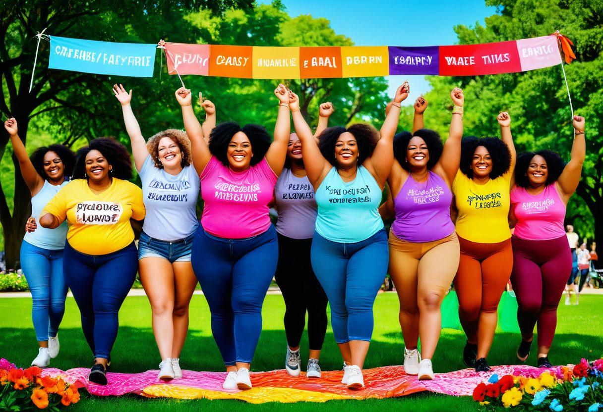 A diverse group of individuals joyfully celebrating their unique bodies in a vibrant park setting, with colorful banners promoting body positivity. Include cheerful expressions and a variety of body shapes, sizes, and skin tones. Bright flowers and uplifting quotes scattered around, symbolizing self-love and acceptance. The atmosphere should be warm, inviting, and lively, showcasing a sense of community and happiness. super-realistic. vibrant colors.