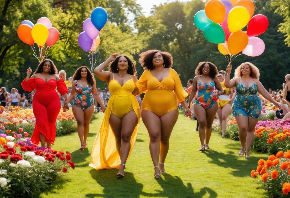 A vibrant celebration of body positivity featuring diverse curvy figures joyfully dancing in a sunlit park, surrounded by colorful flowers and balloons. Each figure wears bright, flowing clothing that represents their individuality, radiating confidence and self-love. The scene is lively, infused with positive energy, showcasing a tapestry of body shapes and sizes in harmony. colorful and dynamic style. vibrant colors. natural setting.