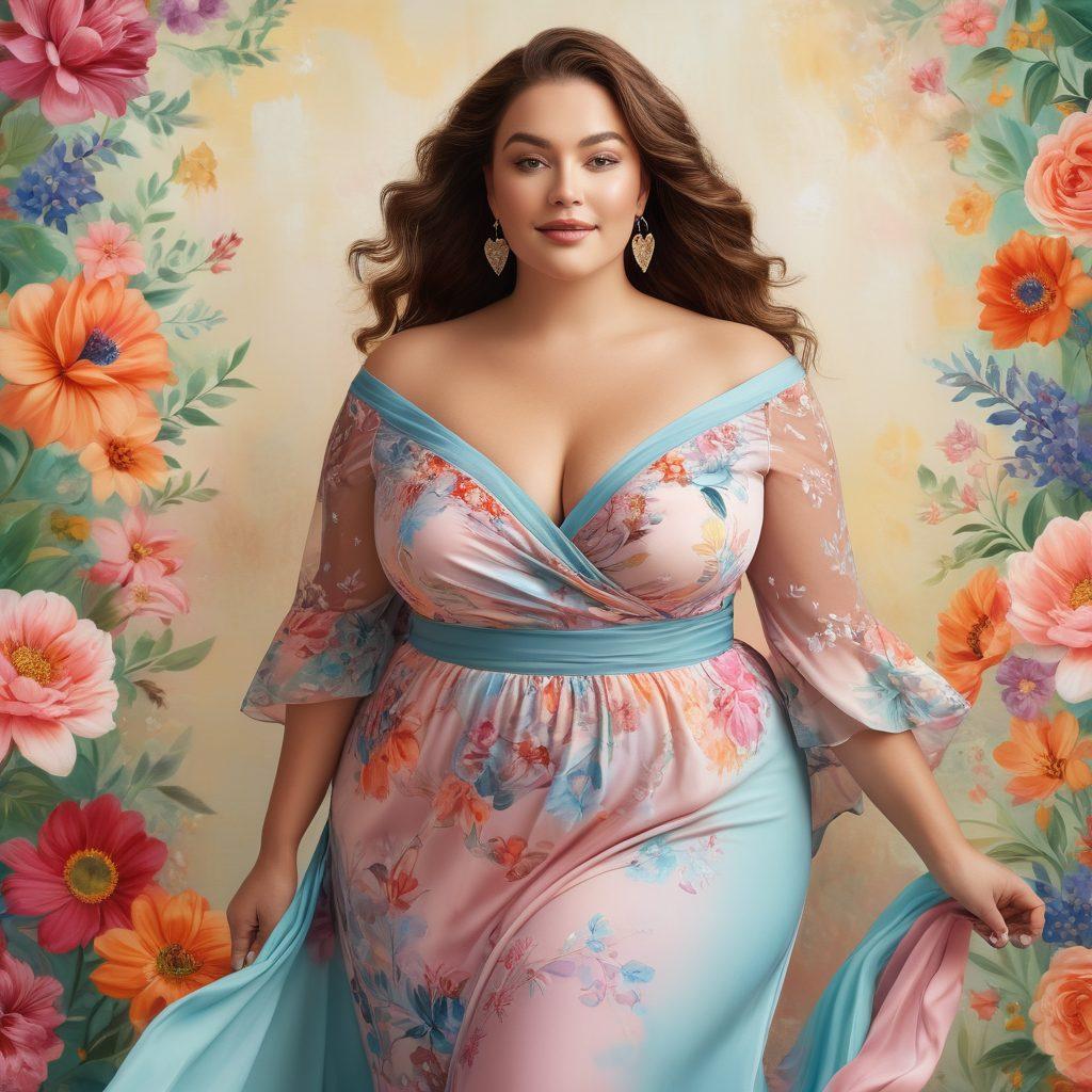 A confident full-figured woman showcasing her radiant beauty, draped in elegant, flowing garments that accentuate her curves. Surround her with whimsical floral patterns and soft pastel colors to emphasize femininity and empowerment. Capture her joyful expression as she stands amidst a dreamy, ethereal background, reflecting elegance and allure. Include elements that symbolize body positivity and self-love. vibrant colors. painting.